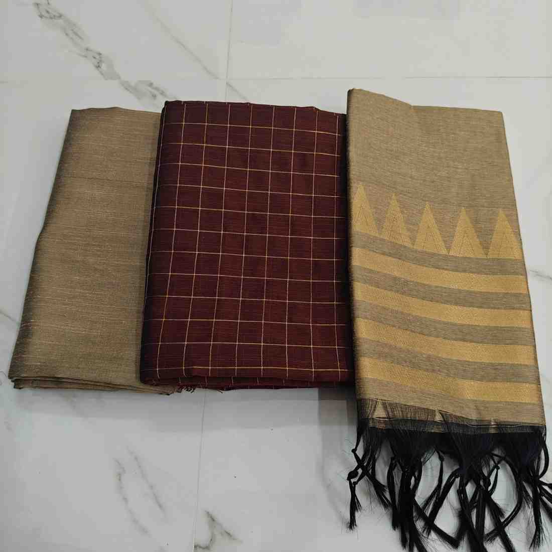 Raw silk chudi material - Coffee brown & Gold