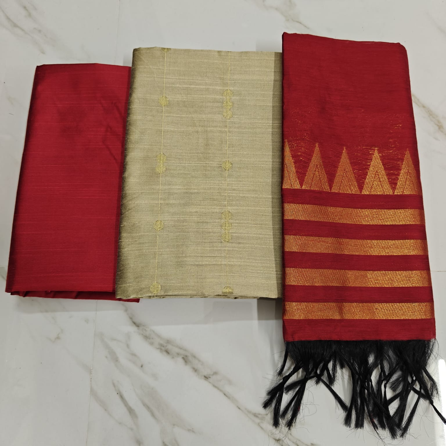 Raw silk chudi material - Golden chain Butta & Red  Tower duppata & Red plain pant