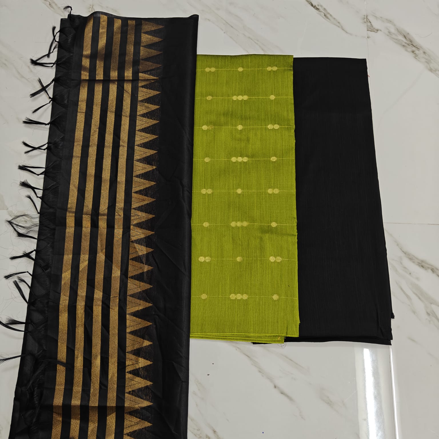 Raw silk chudi material - Olive green chain Top, Black Tower duppata and plain black pant