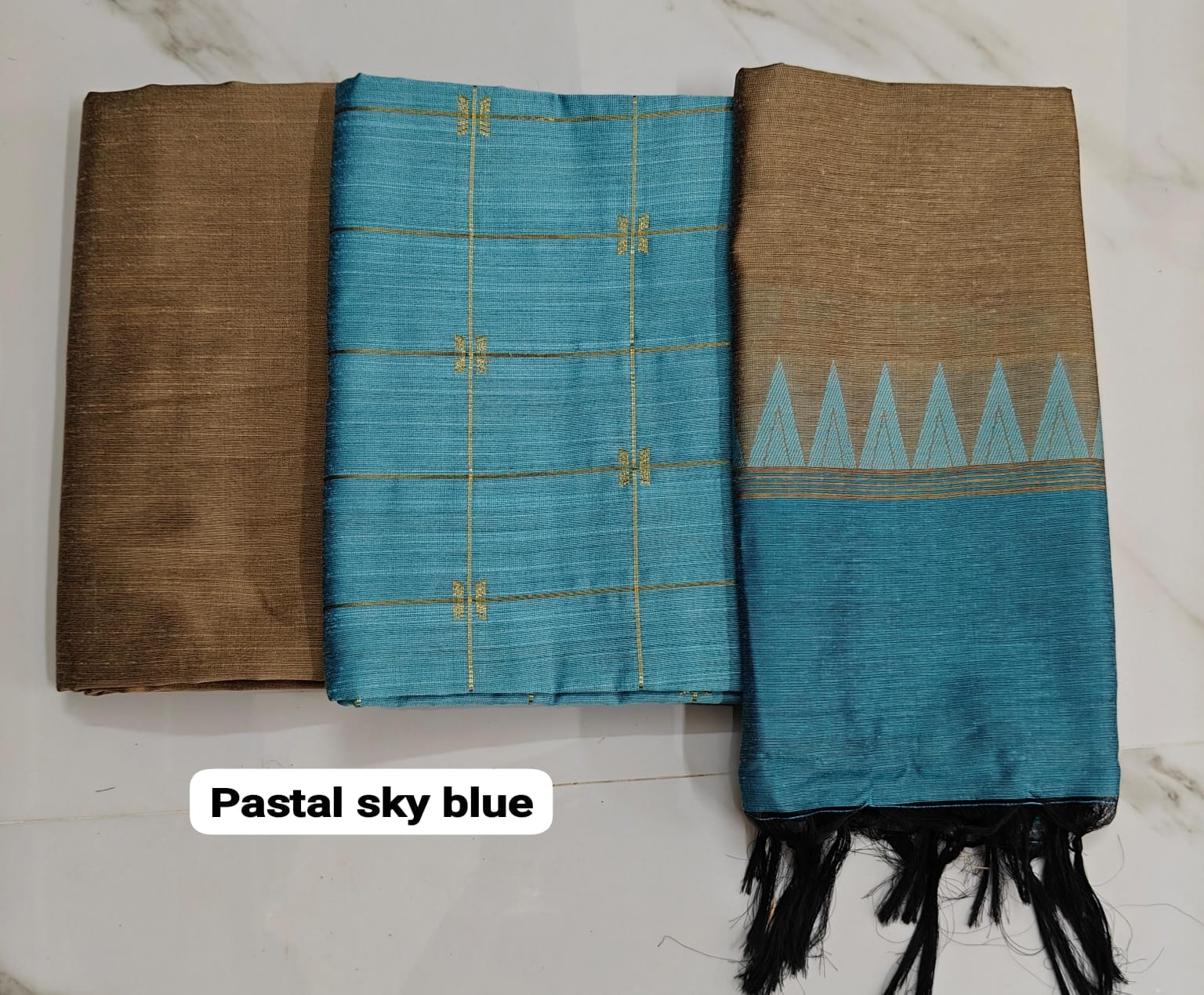 Raw silk chudi material - sky blue Flower checked top, With tower duppata and Tusser colour pant