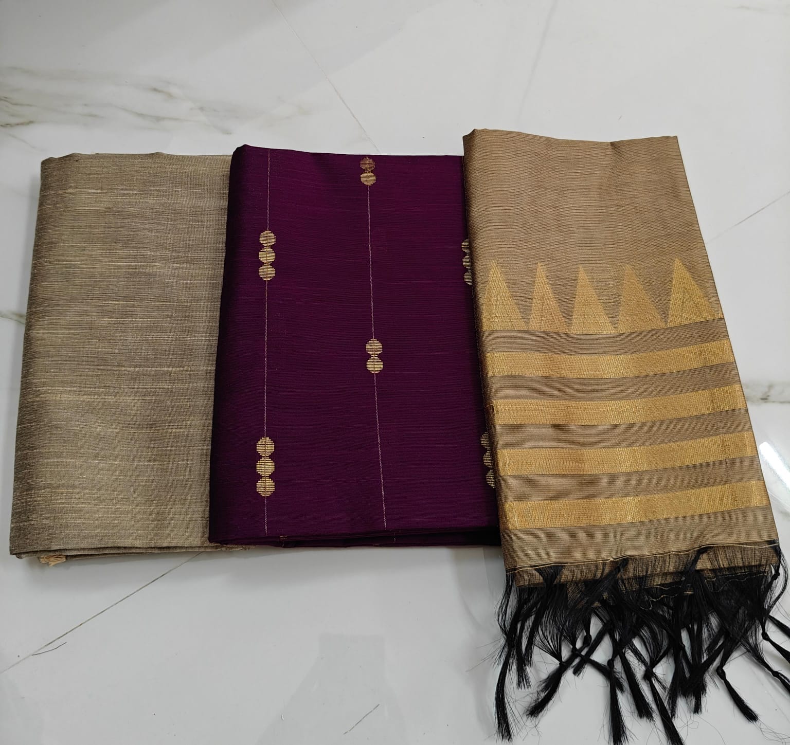 Raw silk chudi -  wine chain round, gold pant & golden tower duppata