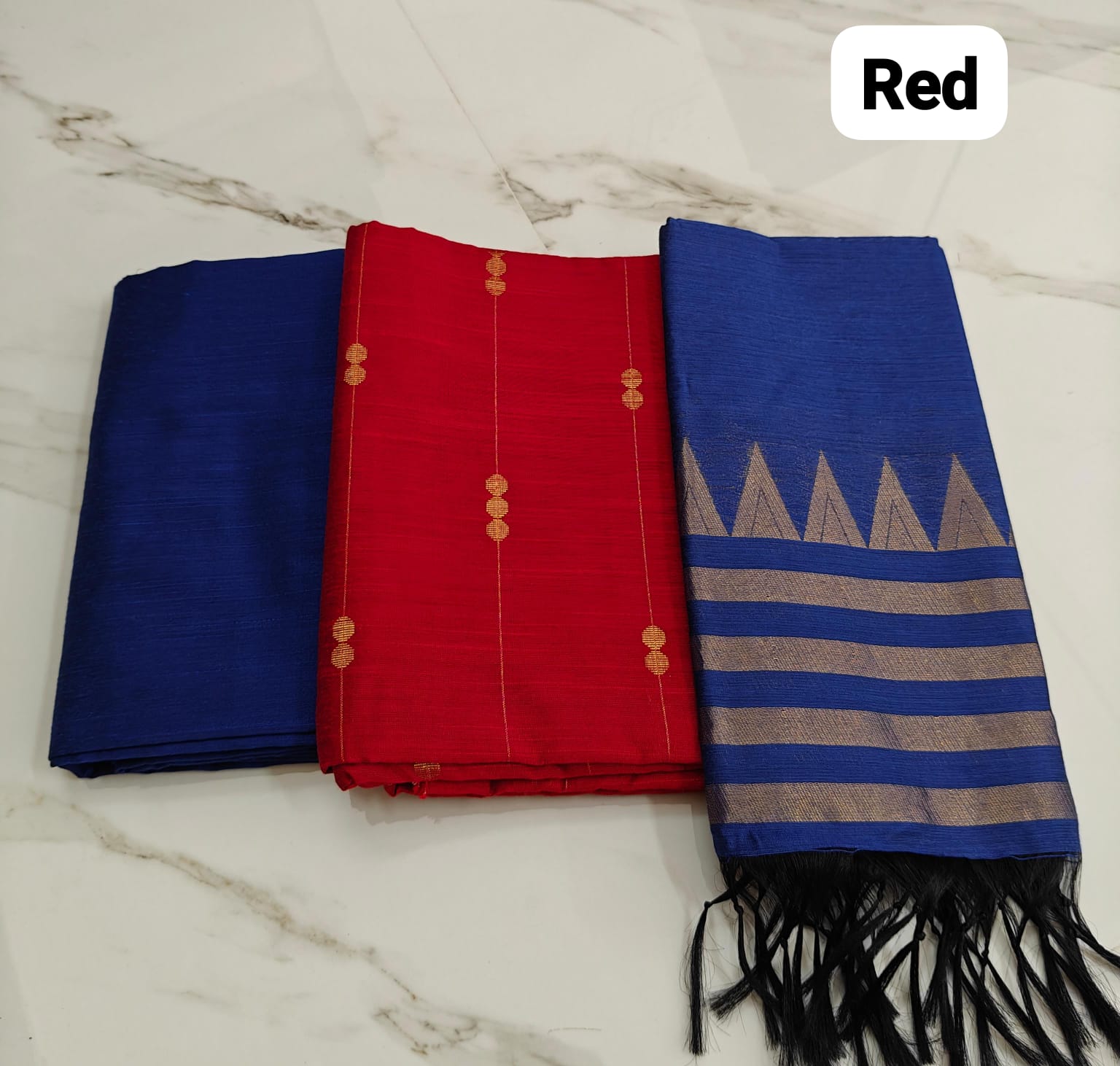Raw Silk Salwar Materials - RED CHAIN TOP, ROYAL BLUE PLAIN PANT & R.BLUE TOWER DUPPATA