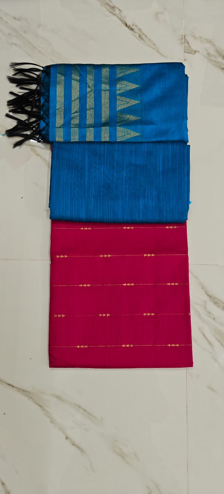Raw Silk Salwar Materials - RANI PINK ZARI ARROW TOP, SKYBLUE PLAIN PANT & SKY BLUE TOWER DUPPATA