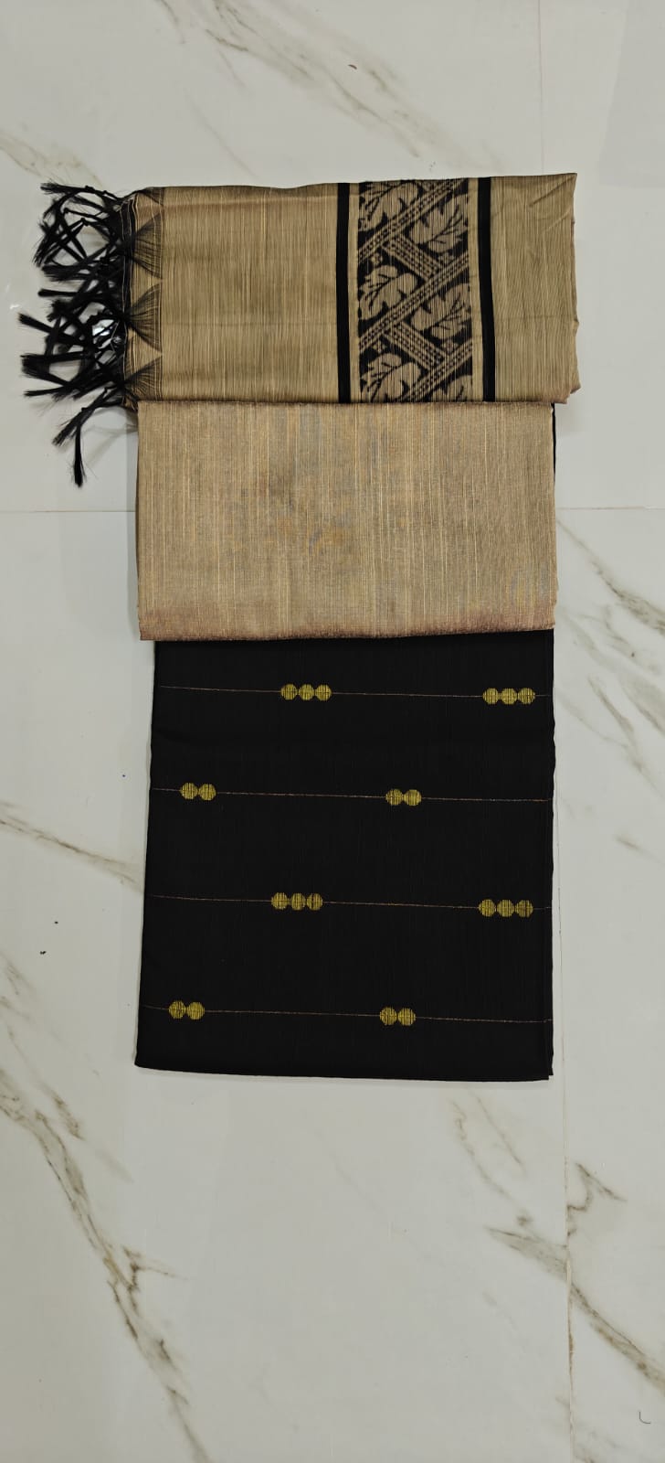 Raw Silk Salwar Materials - BLACK ROUND BUTTA TOP, TUSSER PLAIN PANT & LEAF BORDER DUPPATA
