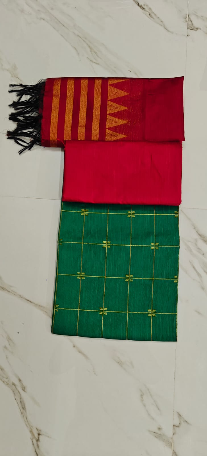 Raw Silk Salwar Materials - GREEN FLOWER CHECKED TOP, RED PLAIN PANT & RED TOWER DUPPATA