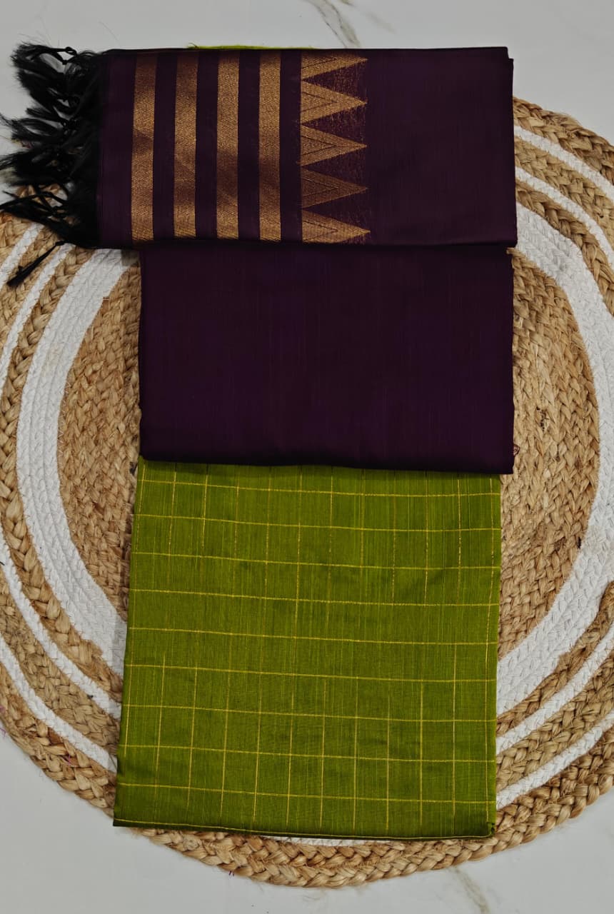 Raw Silk Salwar Materials - OLIVE GREEN SMALL CHECKED TOP, WINE PLAIN PANT & WINE TOWER DUPPATA