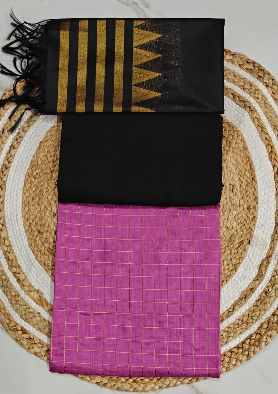 Raw Silk Salwar Materials - PASTAL PINK SMALL CHECKED TOP, BLACK PLAIN PANT, BLACK TOWER DUPPATA