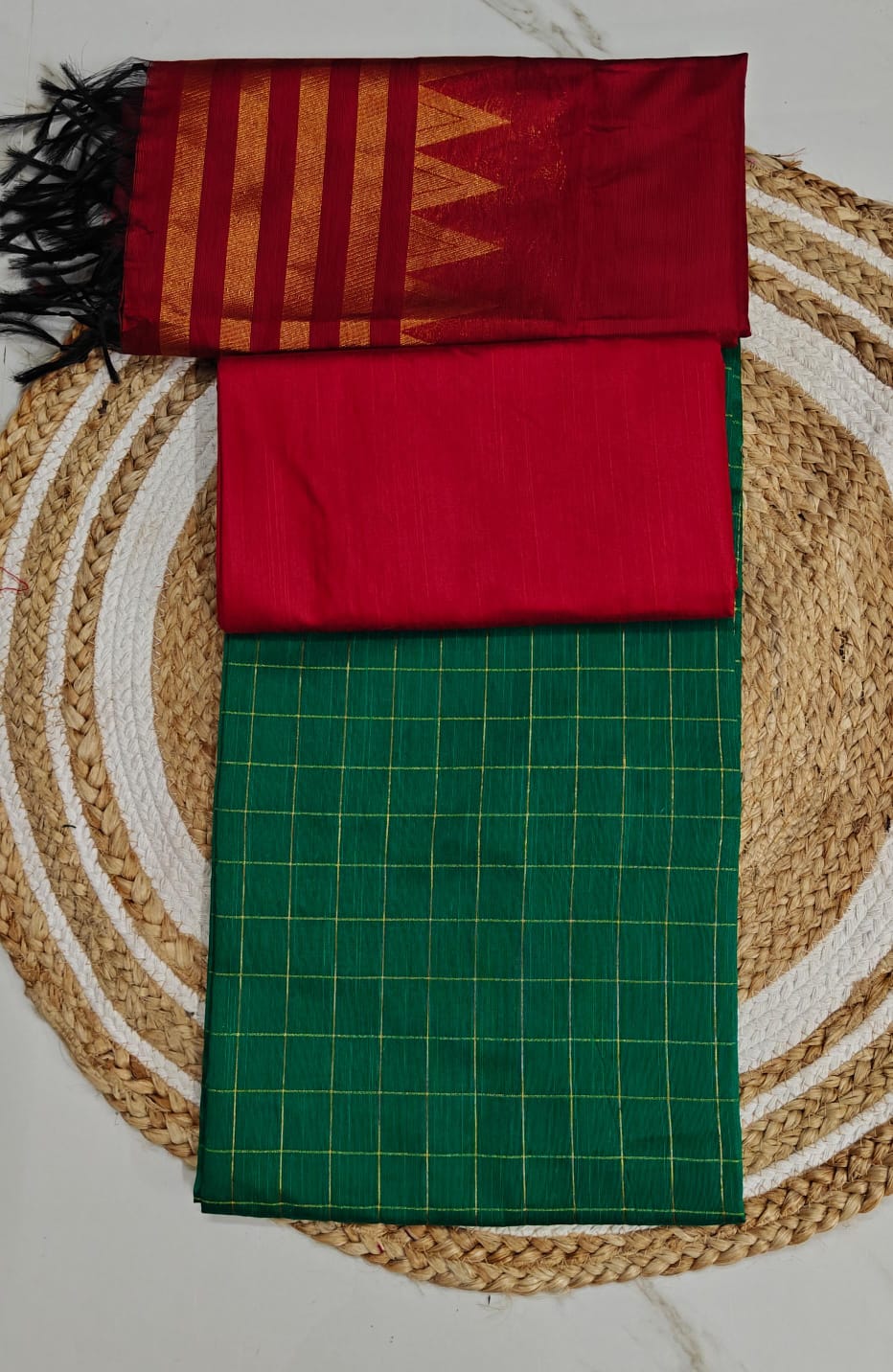Raw Silk Salwar Materials - GREEN SMALL CHECKED TOP, RED PLAIN PANT & RED TOWER DUPPATA