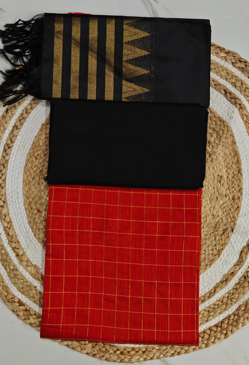 Raw Silk Salwar Materials -  orange small chk & black tower duppata and plain black pant