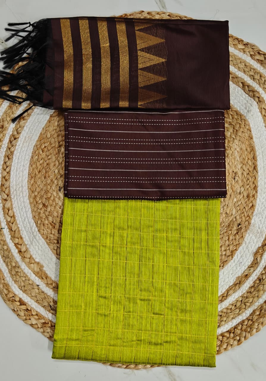 Raw Silk Salwar Materials - light green small checked top, brown stripe pant & tower duppata