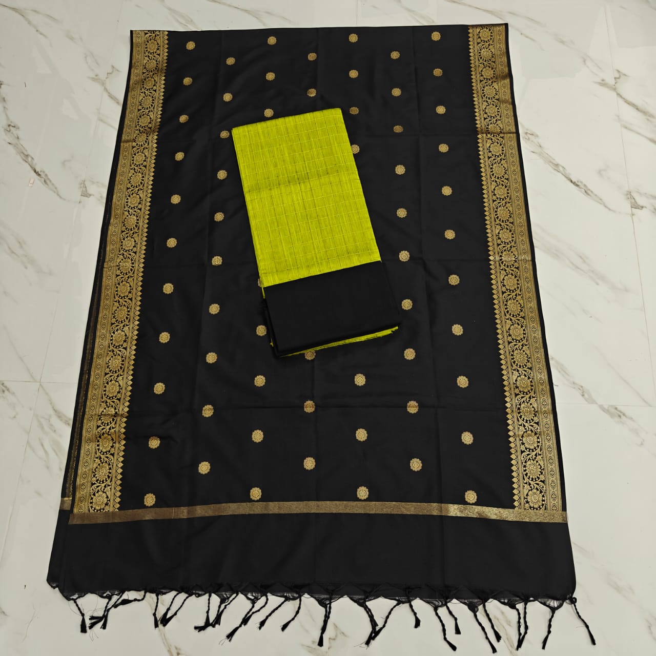 Raw Silk Jaquard banrasi duppata set - Light green top & black