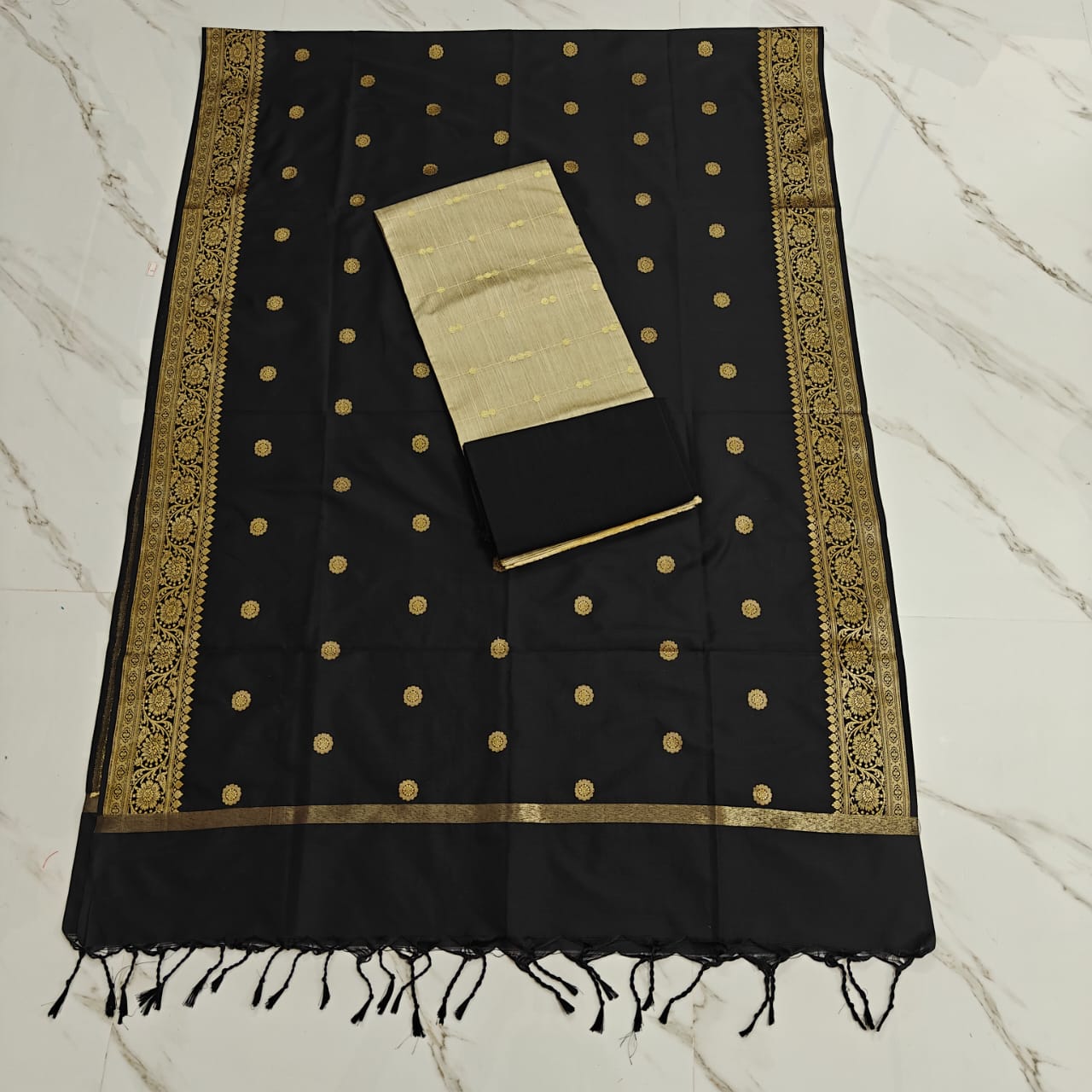 Raw Silk Jaquard banrasi duppata set - Sandal & black