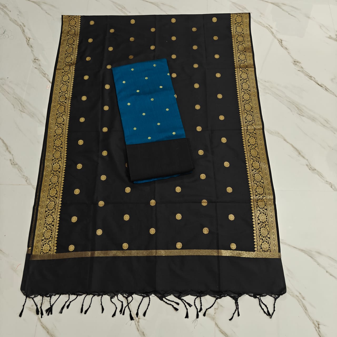 Raw Silk Jaquard banrasi duppata set - Teal blue & black